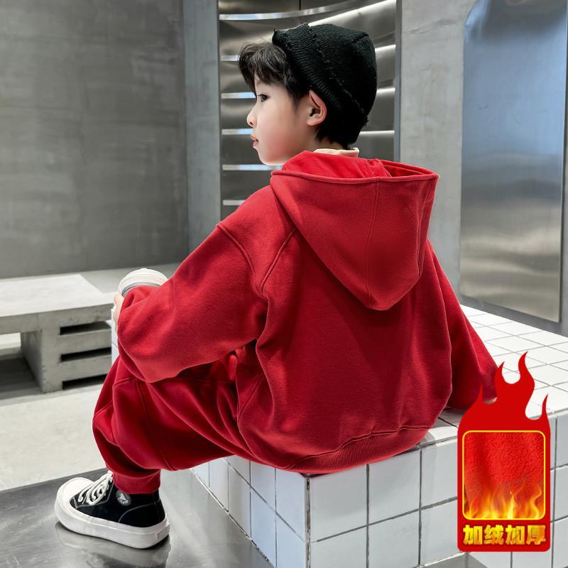 儿童装男童套装加绒冬季2024新款卫衣男孩龙年红色大童本命年衣服