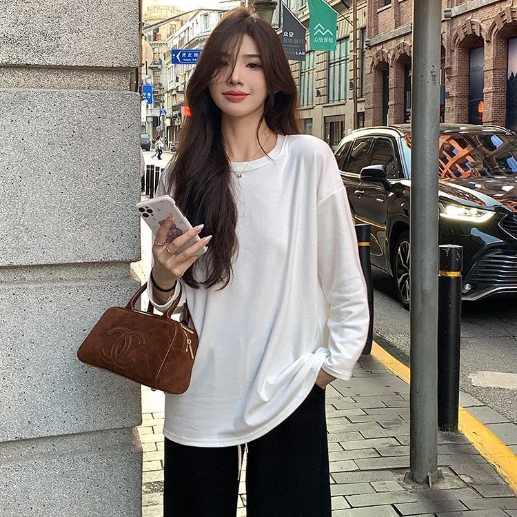 高質量純棉寬鬆長袖t恤女2023新款外穿ins洋氣美式圓領白色內搭潮