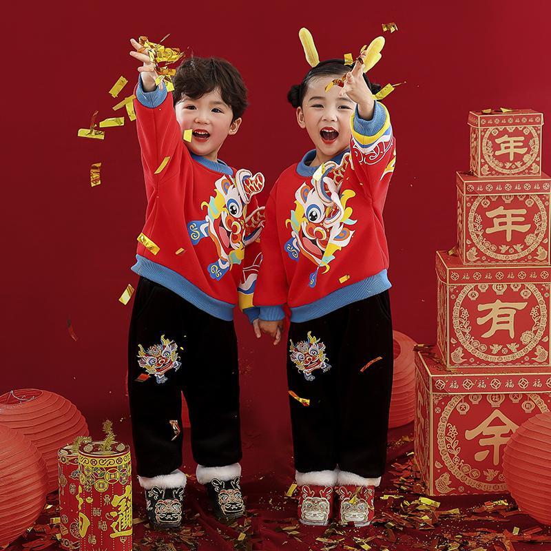 拜年服男童加绒中国风套装女童洋气喜庆新年装宝宝唐装儿童过年服