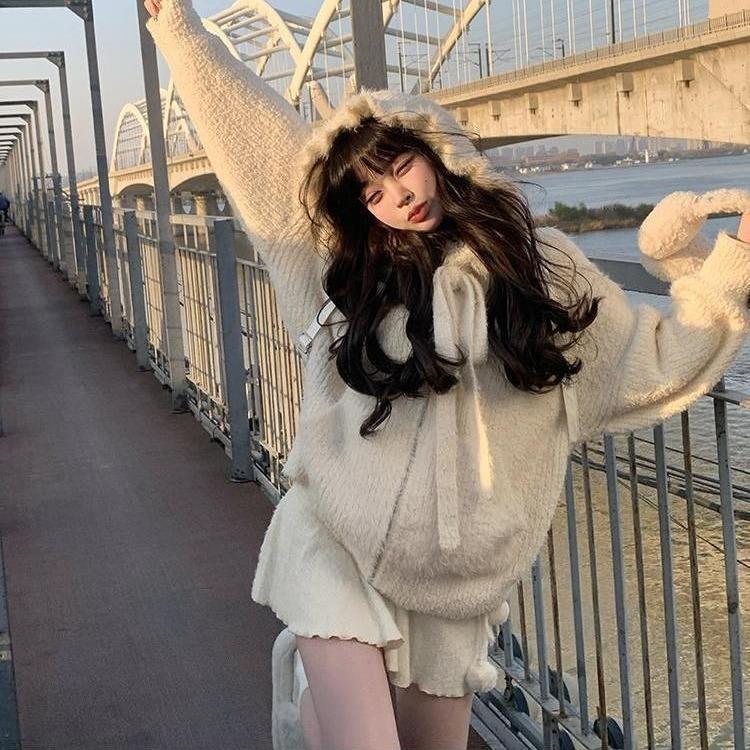 XJ家軟糯糯甜美連帽毛衣外套女秋冬季毛茸茸針織開衫寬鬆白色拉