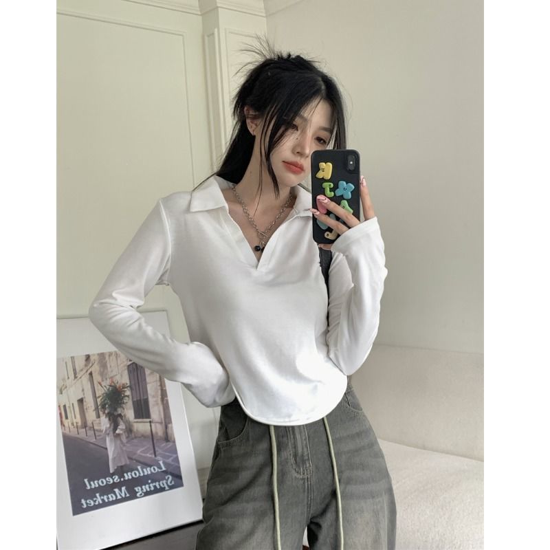 polo領純欲風短款長袖T恤女裝秋季辣妹設計感修身白色打底衫上衣