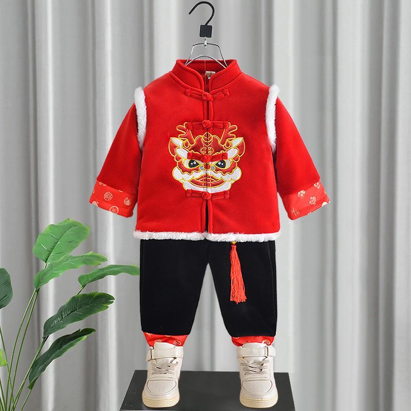 龍年拜年服男童國風加絨套裝秋冬款兒童漢服周歲禮服寶寶過年衣服
