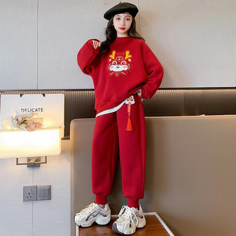 女童卫衣套装拜年服冬季2024新款加绒加厚龙年一体绒过新年服童装