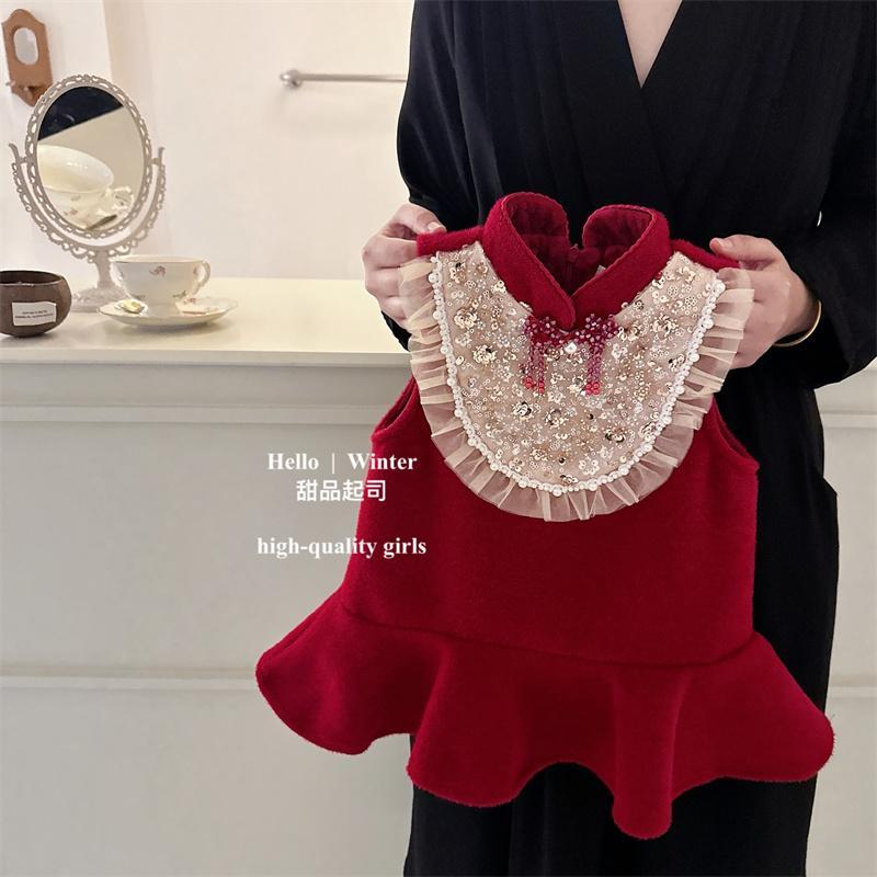 Girls New Year's wear vest dress plus velvet red national style cheongsam dress baby girl princess skirt winter style skirt