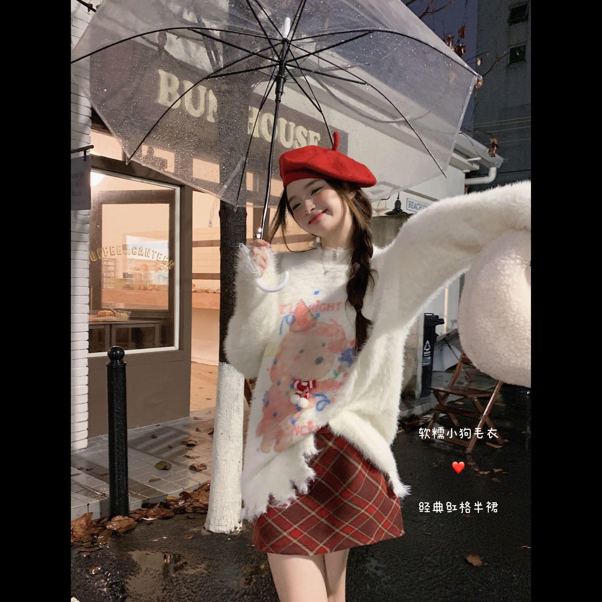XJ家秋冬聖誕小狗印花不規則寬鬆毛衣外穿高檔遮肉防水貂絨
