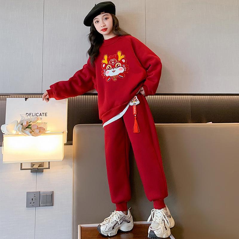 女童卫衣套装拜年服冬季2024新款加绒加厚龙年一体绒过新年服童装