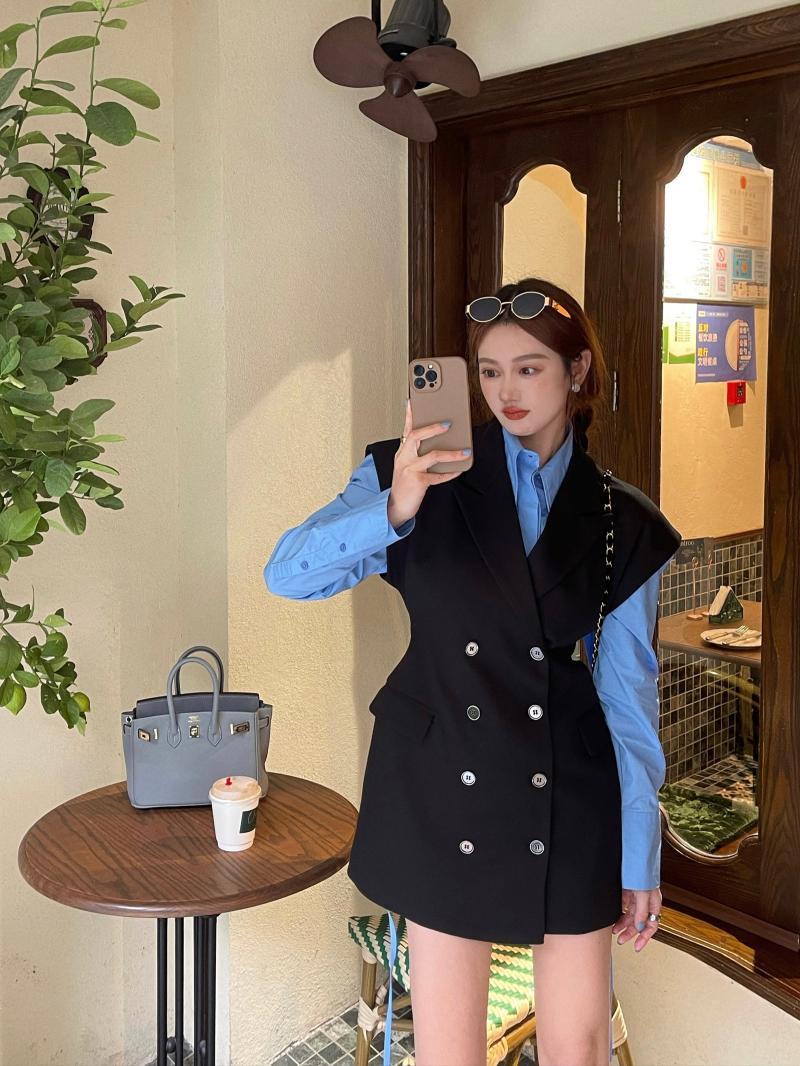 時髦設計感襯衫連衣裙套裝女2024春季時尚新款小眾收腰百搭兩件套