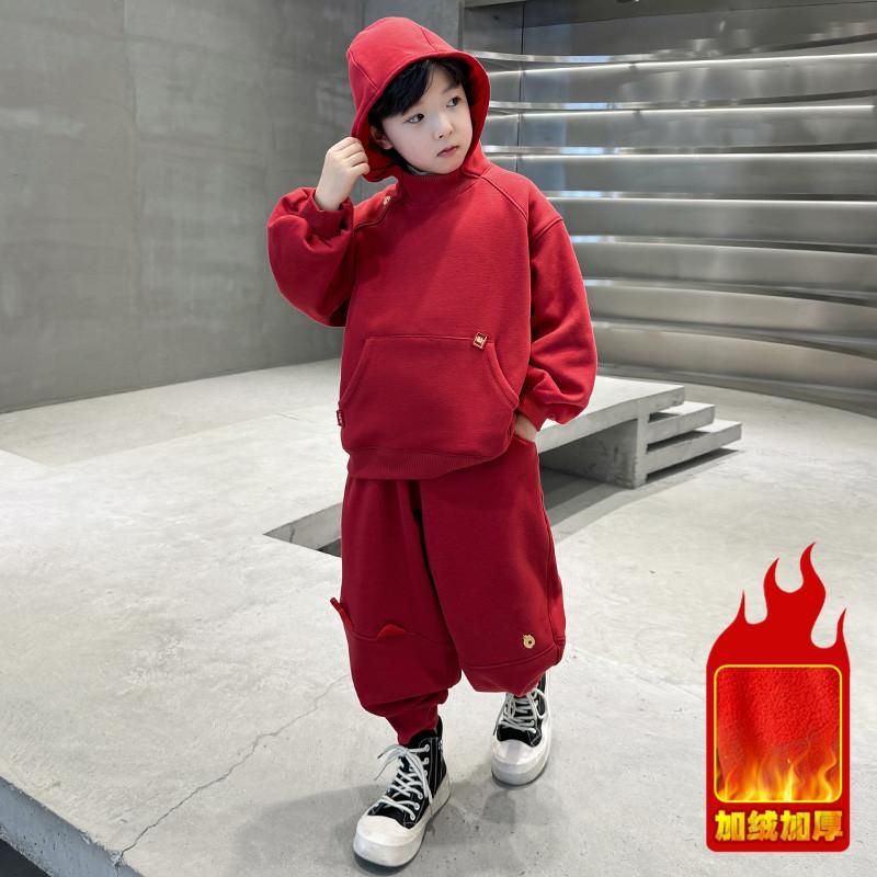 儿童装男童套装加绒冬季2024新款卫衣男孩龙年红色大童本命年衣服