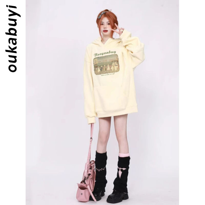 OUKABUYI450G重磅銀狐絨純棉連帽衛衣女美式復古經典特色潮流上衣