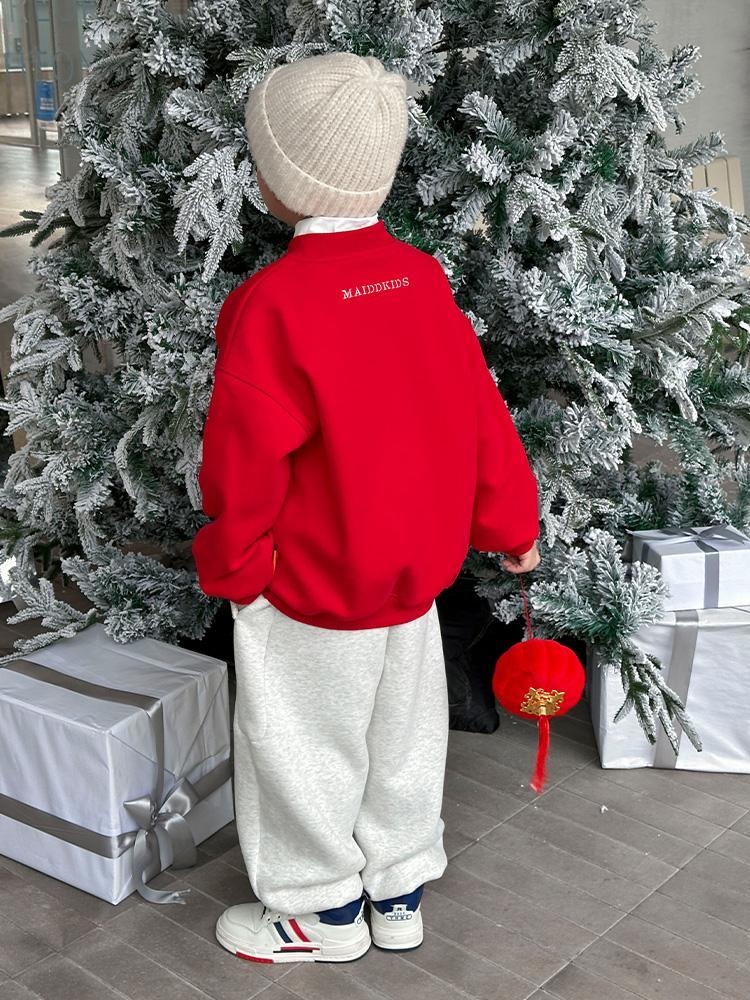 红色圣诞男童卫衣加绒冬装2024新款龙年拜年服中大童一体绒上衣潮