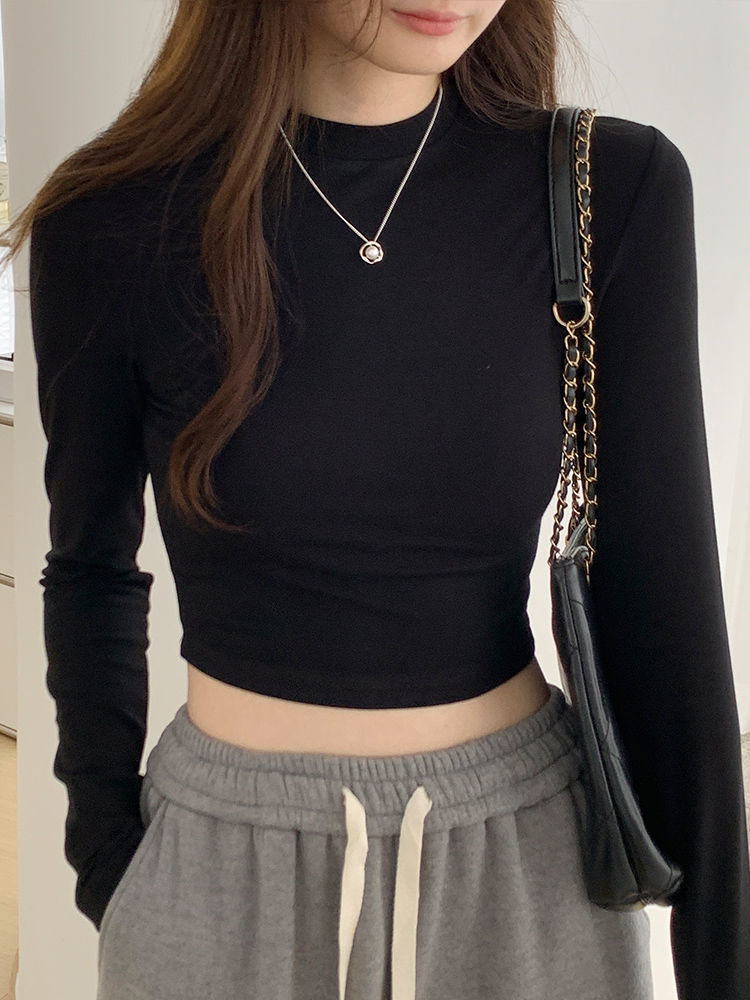 黑色短款長袖t恤女2023春季新款修身顯瘦露臍內搭打底衫百搭上衣
