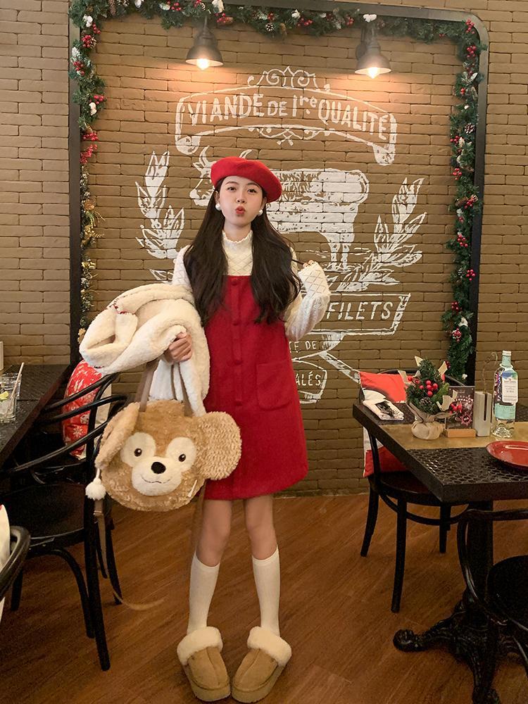 甜美少女感紅色背心裙秋冬新款聖誕新年戰袍溫柔浪漫收腰顯瘦短裙