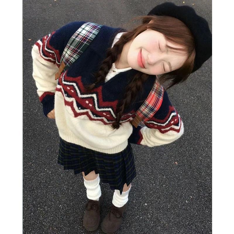 XJ家聖誕費爾島撞色條紋v領毛衣女秋冬小個子韓系穿搭慵懶風翻領