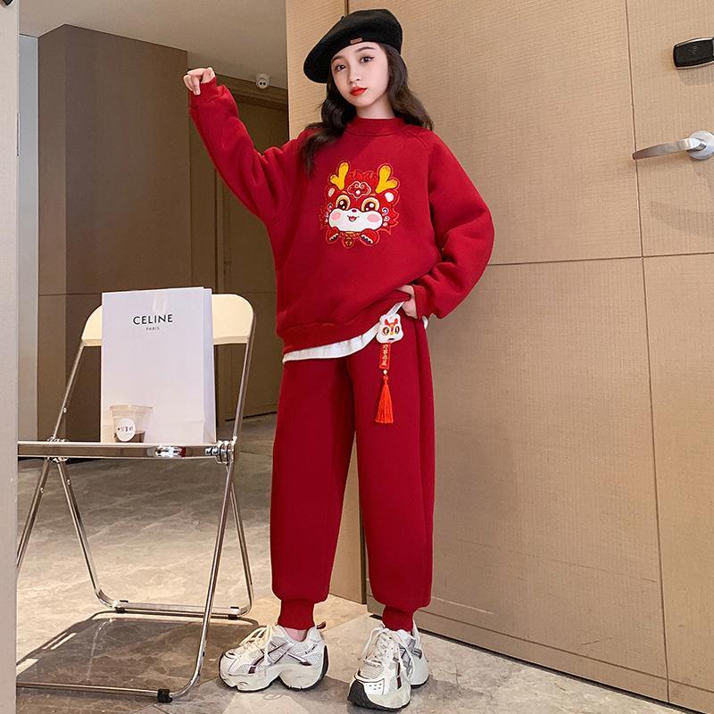 女童卫衣套装拜年服冬季2024新款加绒加厚龙年一体绒过新年服童装