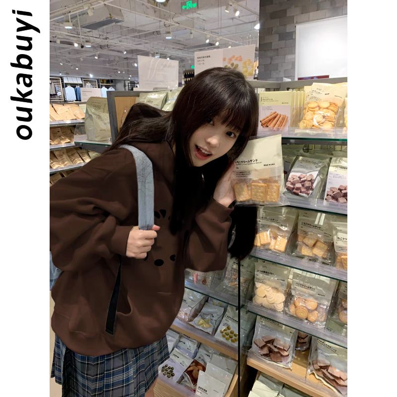 OUKABUYI450G重磅銀狐絨純棉連帽衛衣女鹽系高街甜美小眾寬鬆上衣