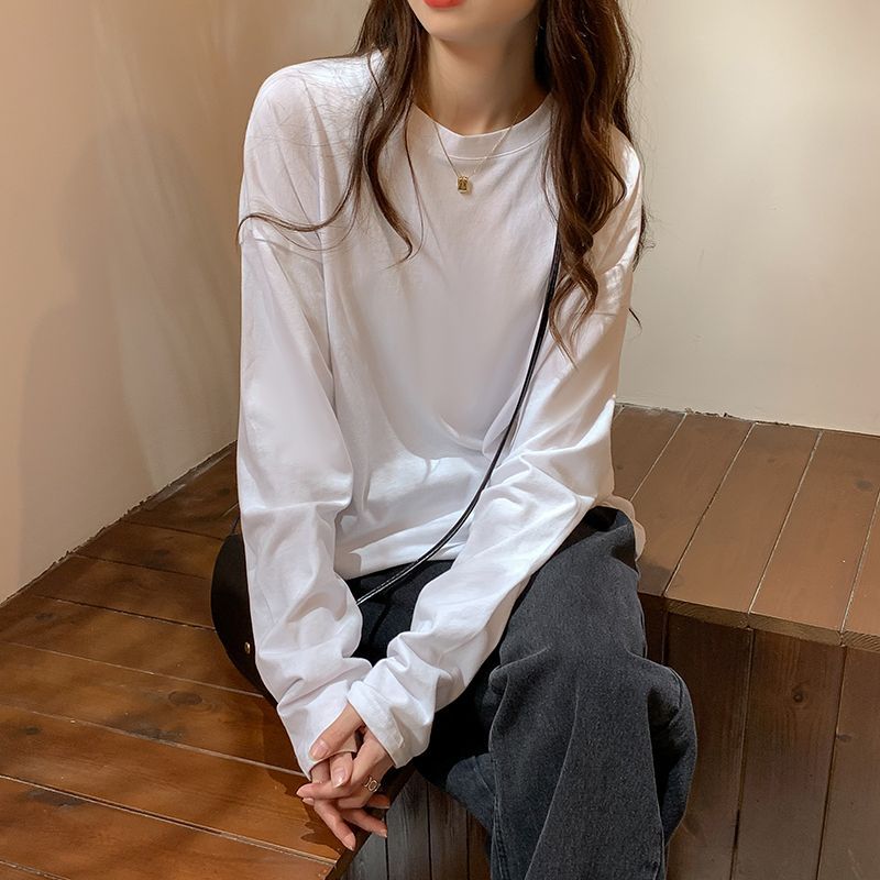 100%純棉白色長袖t恤女春秋新款打底衫寬鬆內搭疊穿上衣純色ins潮
