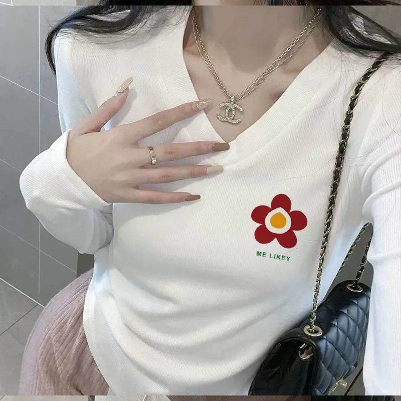 正肩薄款V領長袖純色新款ins百搭顯瘦純欲風U型修身設計感內搭