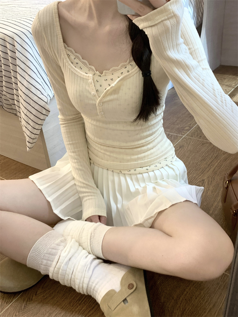 杏色短款碎花假兩件長袖t恤女秋冬修身內搭辣妹顯瘦純欲風打底衫