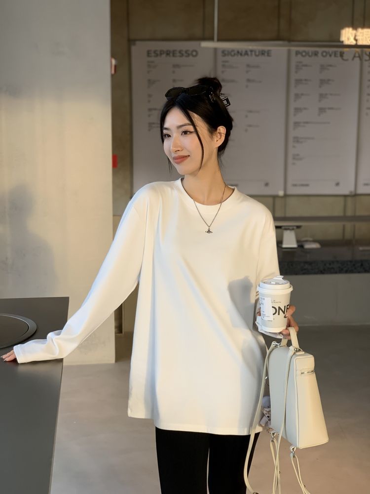 100%純棉白色打底衫女春秋新款長袖內搭韓版寬鬆洋氣圓領T恤上衣