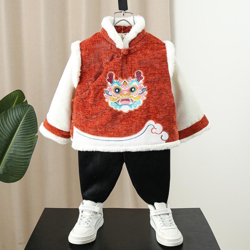 兒童漢服男童拜年服2024龍年紅色寶寶加厚過年服套裝冬季國風唐裝