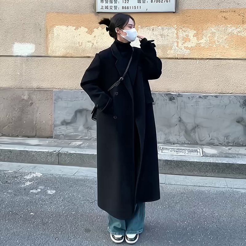 Hepburn style black double-sided velvet wool coat for women mid-length autumn and winter new style small high-end woolen coat