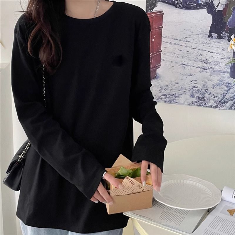 100%純棉長袖t恤女2023秋季新款學生韓版寬鬆純色白色打底衫上衣