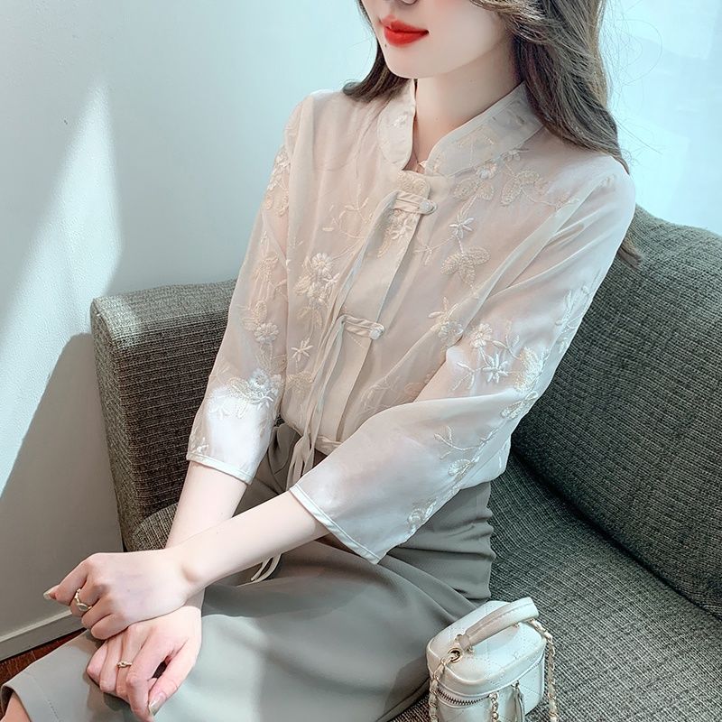 2024年春季新款甜美淑女七分袖夏季紗植物花卉高級感洋氣別致小衫