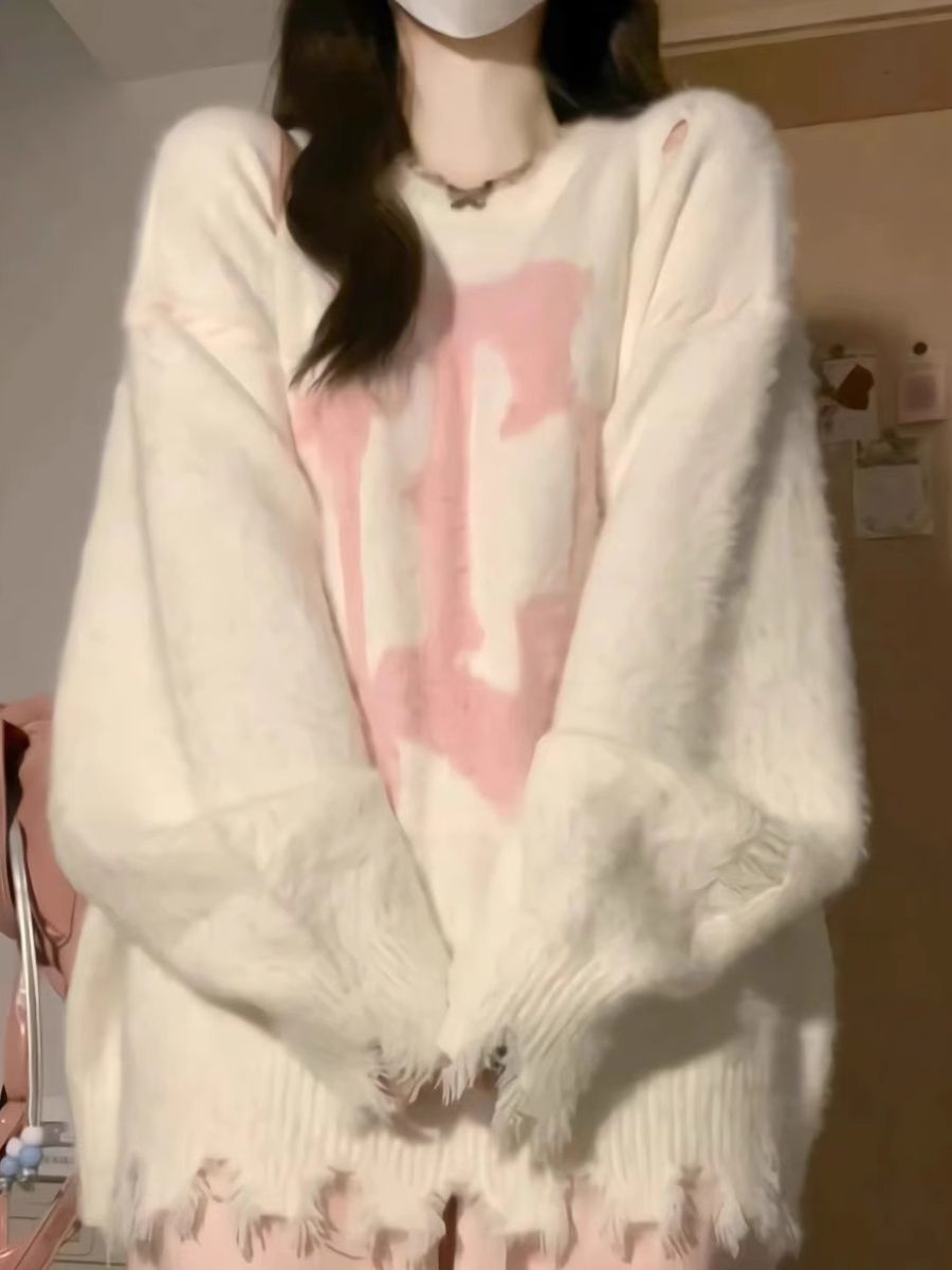 奶fufu慵懶風毛衣外套女秋冬復古寬鬆設計感破壞風軟糯針織衫上衣
