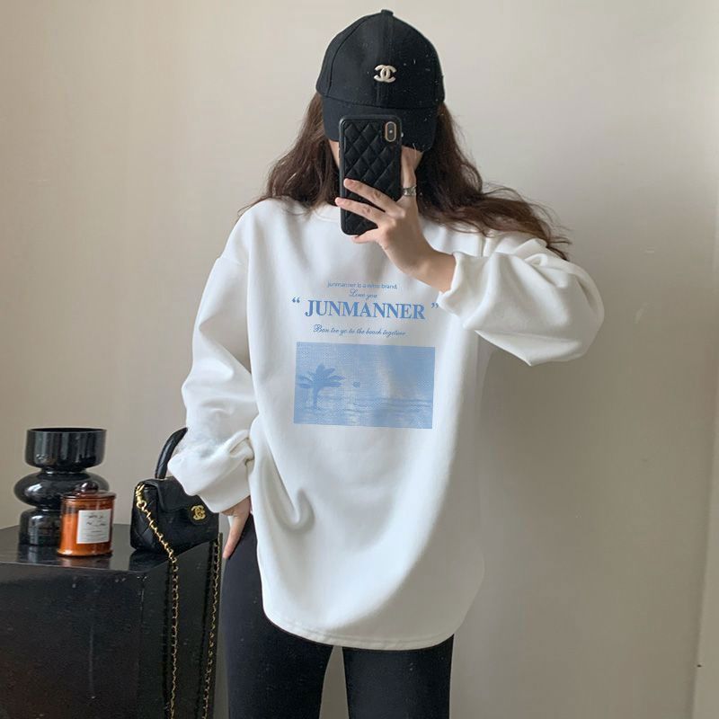 新款德絨中長款弧形下擺長袖t恤女秋冬季內搭打底衫寬鬆顯瘦上衣