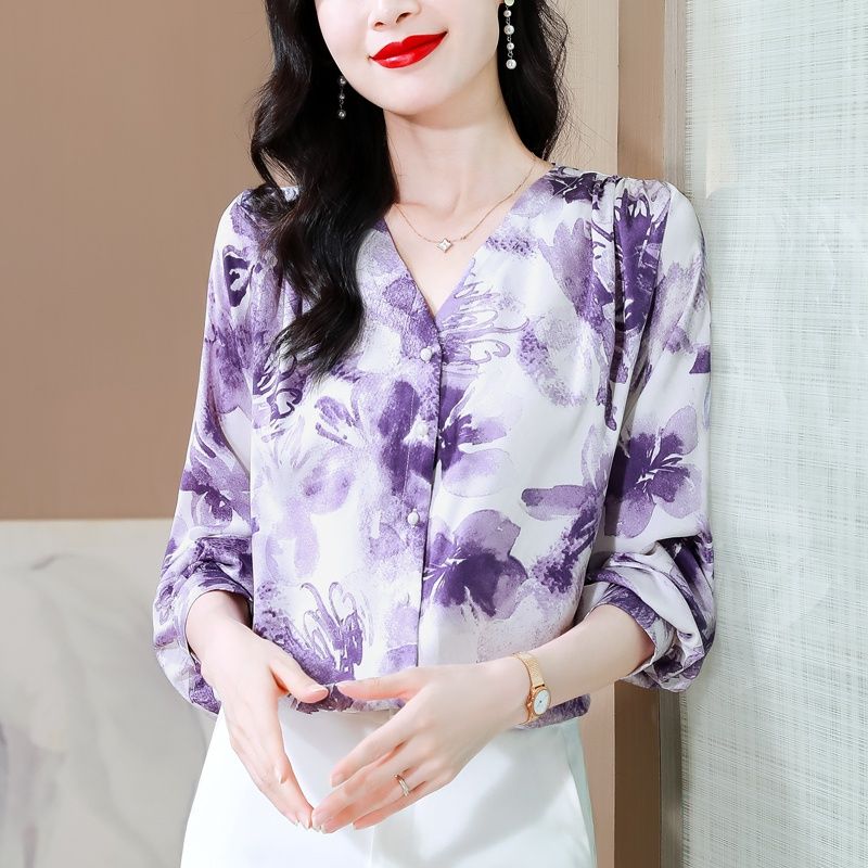 高檔真絲時尚洋氣印花襯衫女2024春秋季氣質V領長袖小衫打底上衣