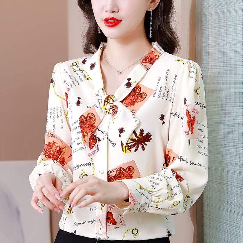 2024春季新款真絲襯衣長袖寬鬆時尚氣質減齡顯瘦印花別致小眾上衣