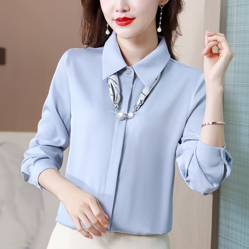 春季設計感黑色長袖女士真絲襯衫2024新款襯衣寬鬆百搭上衣女春裝