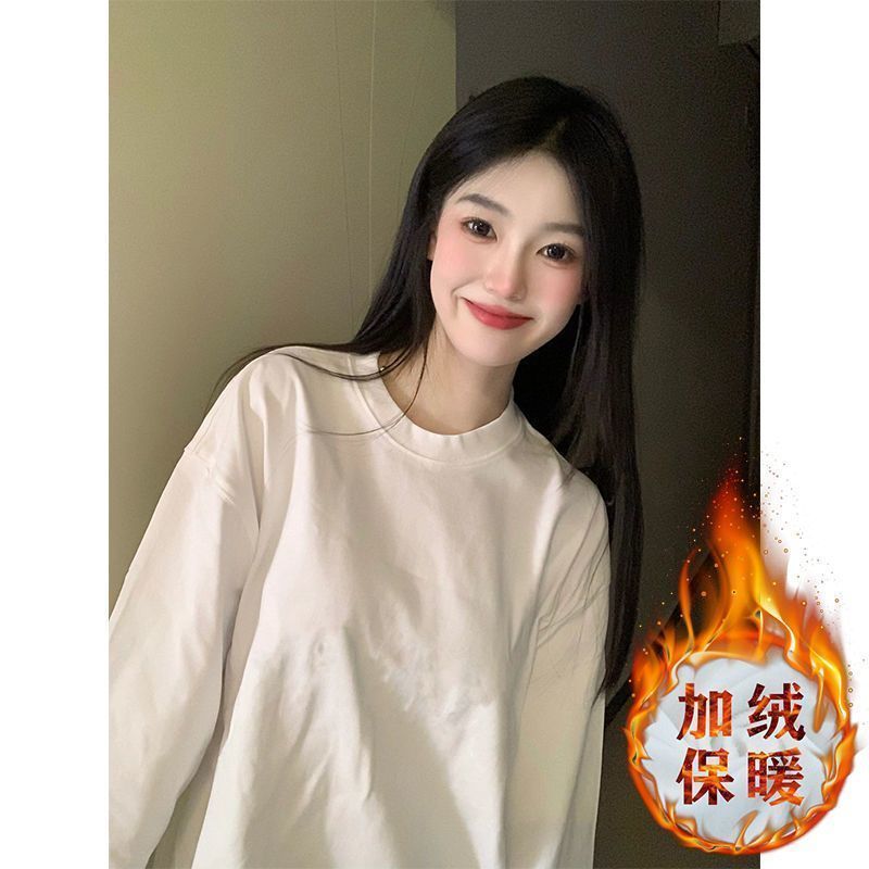 保暖加厚雙面德絨圓領白色打底衫女加絨秋冬磨毛內搭寬鬆中長T恤