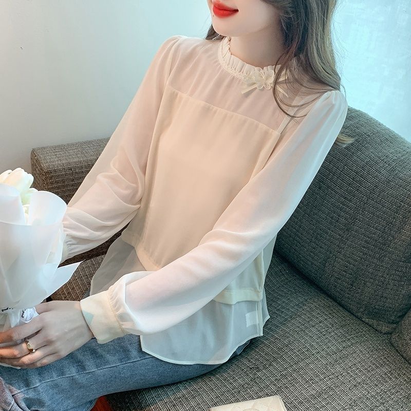 2024年春季新款高檔長袖襯衫女簡約荷葉領韓版甜美雪紡純色上衣潮