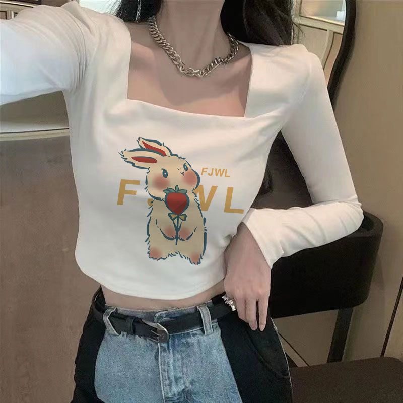 法式短款打底衫女春秋長袖t恤內搭洋氣修身方領正肩小眾外穿上衣