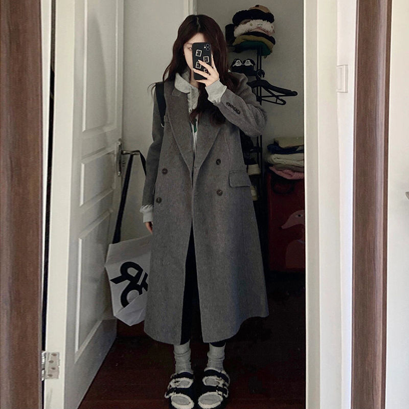 Gray double-sided wool coat for women mid-length 2023 autumn and winter new style small high-end thickened woolen coat