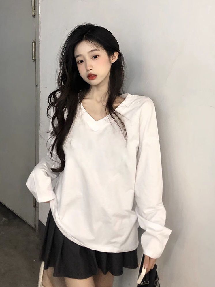 純棉V領長袖T恤女純色春秋季新款內搭寬鬆設計感百搭打底衫上衣潮