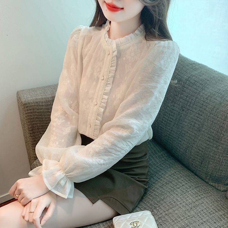 2024年春季新款時尚洋氣襯衫簡約純色荷葉領設計甜美淑女雪紡小衫