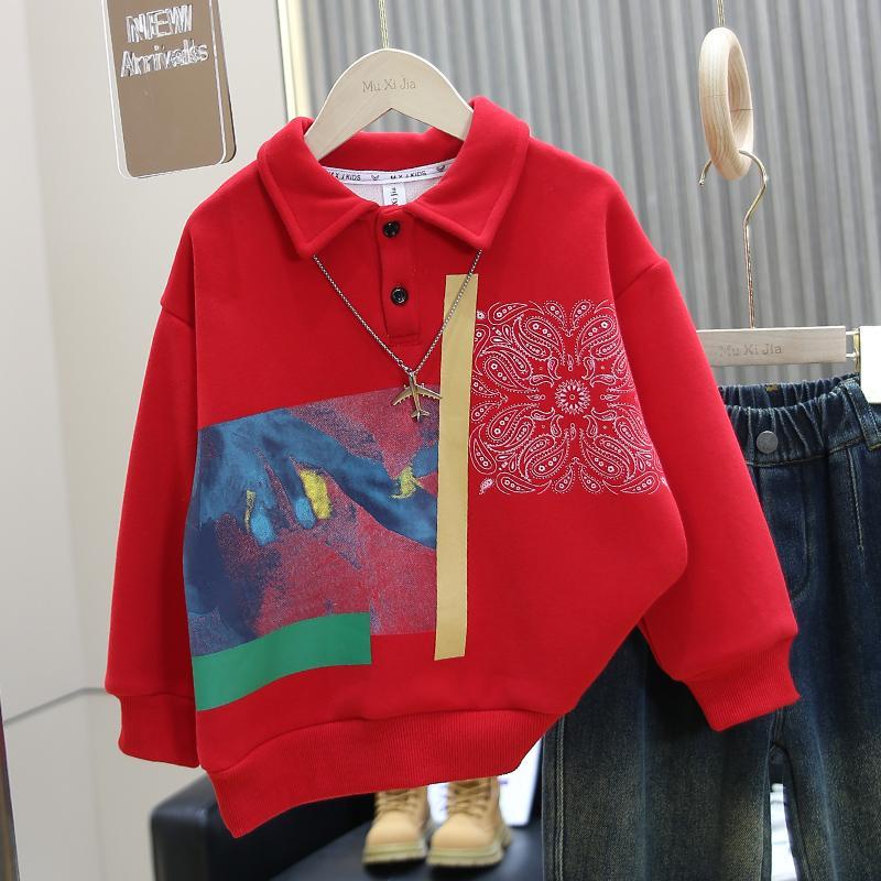 男童冬装加绒红色卫衣一体绒儿童POLO衫秋冬加厚男孩本命年拜年服