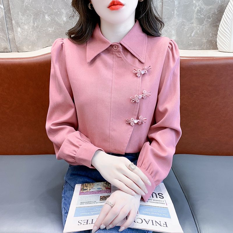 新中式復古盤扣粉色襯衫女秋冬時尚氣質顯瘦襯衣今年流行國風上衣