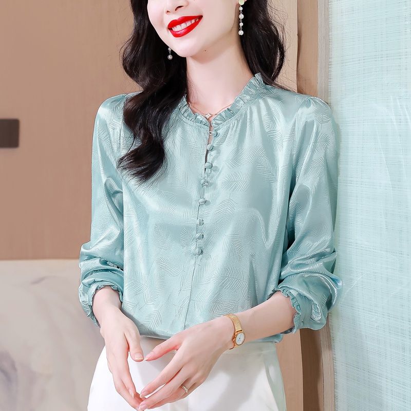 高檔重磅提花真絲襯衫女長袖桑蠶絲2024年新款設計感立領寬鬆上衣