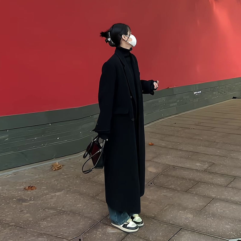 赫本風黑色雙面羊毛大衣女中長款秋冬新款小個子高級感羊毛呢外套