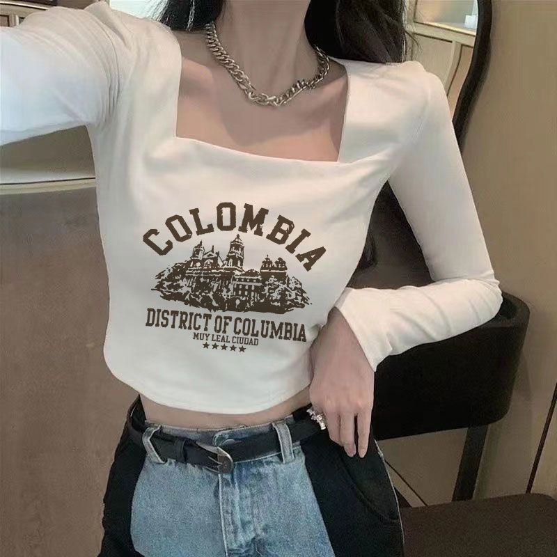 白色短款打底衫女長袖內搭春秋低方領高腰緊身露臍鎖骨方領上衣