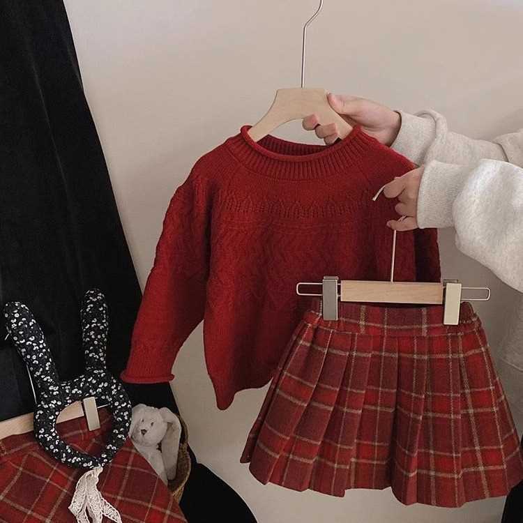 女童拜年服套装冬季新款韩版宝宝喜庆可爱针织毛衣格子百褶裙
