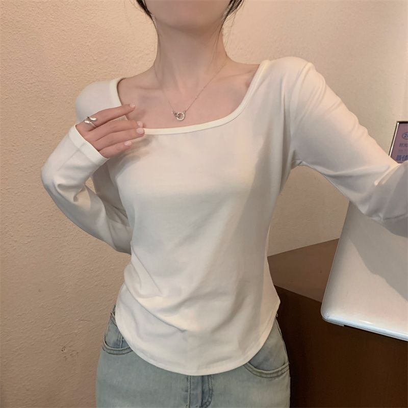 高腰短款長袖T恤女純棉方領打底衫春秋季修身顯瘦內搭辣妹上衣ins