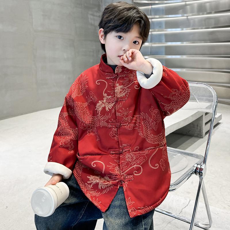 儿童装男童冬装加绒外套红色2024新款男孩唐装夹棉厚本命龙年衣服