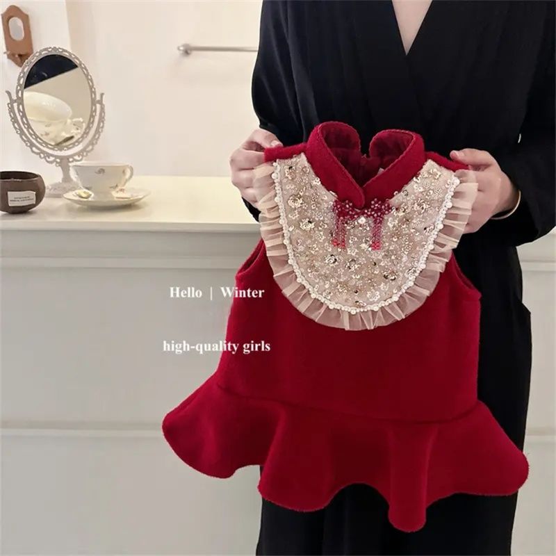 Sweet New Year's wear vest dress plus velvet red national style cheongsam dress baby girl princess skirt winter skirt