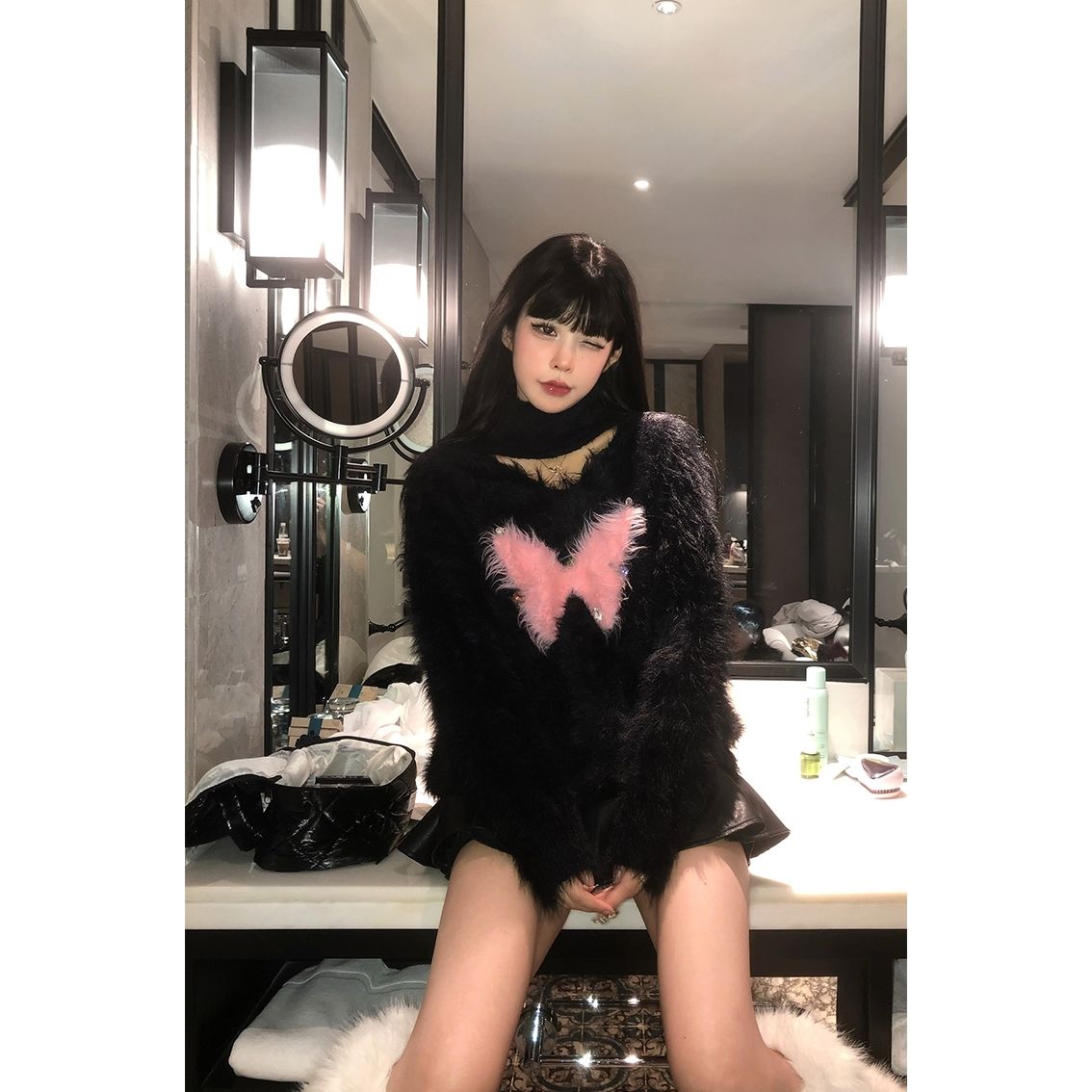 芭比姨蝴蝶毛衣女秋冬新款軟糯慵懶風寬鬆外穿仿貂毛針織上衣