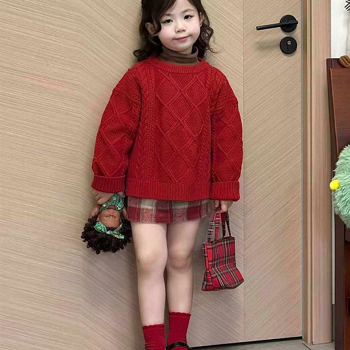 女童拜年服套装冬季新款韩版宝宝喜庆可爱针织毛衣格子百褶裙