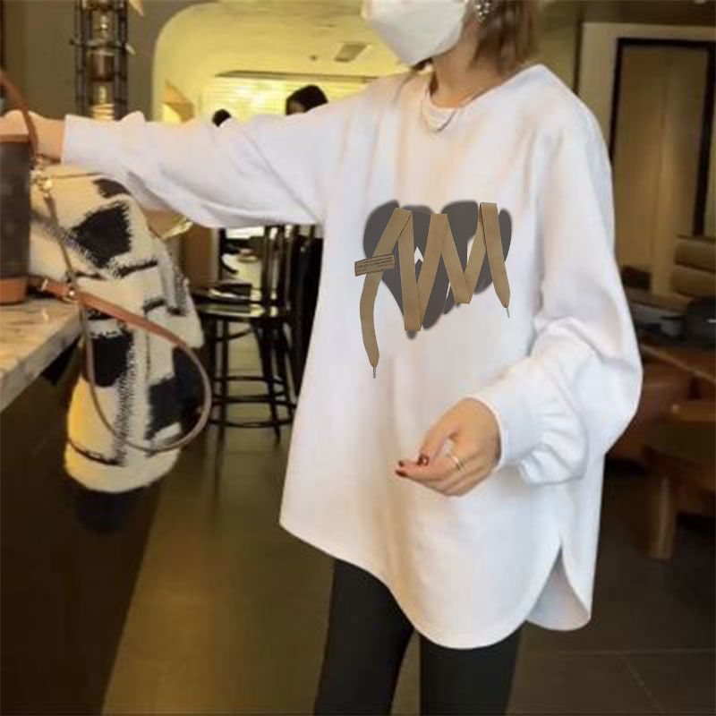 Velvet bottoming shirt for women in autumn and winter with ins trendy design, mid-length loose tops for small people, long-sleeved T-shirts
